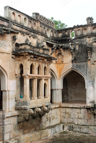 Hampi, Karnataka India - July 24 2023: Ruins of Queen's bath in the ancient royal enclave at Hampi.
