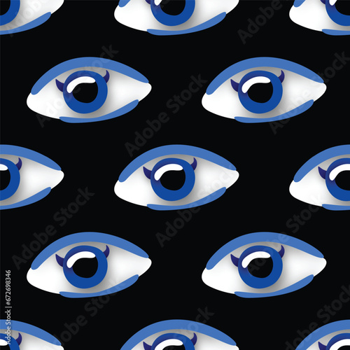 Seamless Pattern with Psyhodelical Print with Surreal Eye. Surreal Design on Black. Pop Art Cartoon Style with Stains. Endless Texture. Vector 3d Illustration (ID: 672698346)
