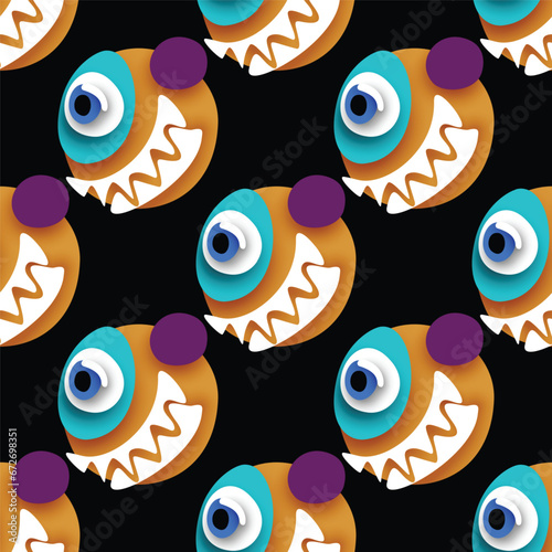 Seamless Pattern with Psyhodelical Print with One-eye Monster with Scary Smile. Surreal Design on Black. Pop Art Cartoon Style with Stains. Endless Texture. Vector 3d Illustration (ID: 672698351)