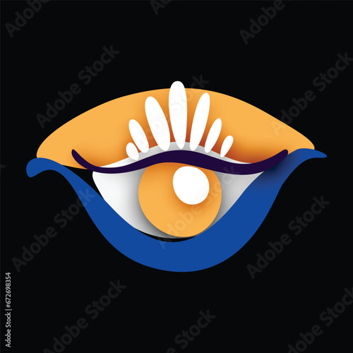 Psyhodelical Print with Demonic Eye with Crown. Surreal Design on Black. Pop Art Cartoon Style with Stains. Single Design Element. Vector 3d Illustration (ID: 672698354)