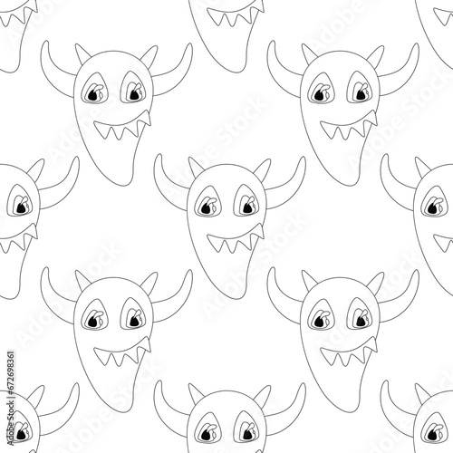 Seamless Pattern with Cute Little Monsters. Surreal Design, Endless Texture. Pop Art Cartoon Style with Stains. Coloring Book Page. Vector Contour Illustration (ID: 672698361)