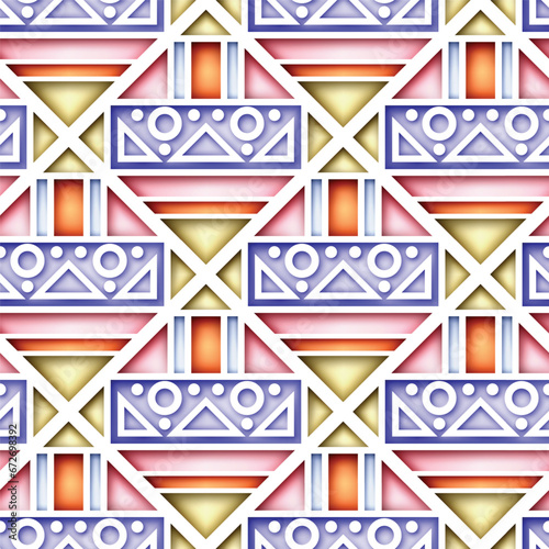Seamless Colorful Geometric Pattern with Triangles. Endless Modern Mosaic Texture.  Fabric Textile, Wrapping Paper, Wallpaper. Vector 3d Illustration. Abstract Art (ID: 672698392)