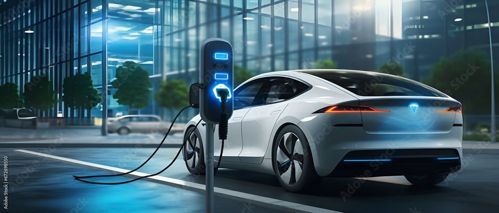 Innovative Electric Car Charging in the City of Tomorrow: Futuristic EV Recharge Station with Clean Energy and Sustainable Urban Architecture as Background,  and Copy Space Advertising