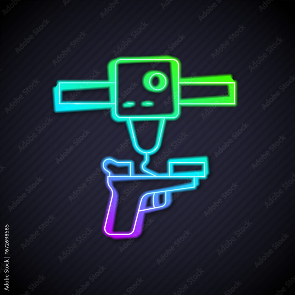 Glowing neon line 3D printer gun icon isolated on black background. 3d printing. Vector