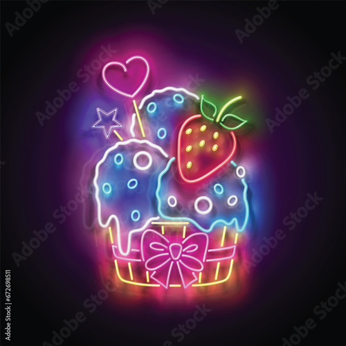 Vintage Glow Signboard with Ice Cream Balls and Strawberry in Paper Cup. Cafe Flyer Template. Shiny Neon Light Poster, Banner, Playbill, Invitation. Glossy Background. Vector 3d Illustration (ID: 672698511)