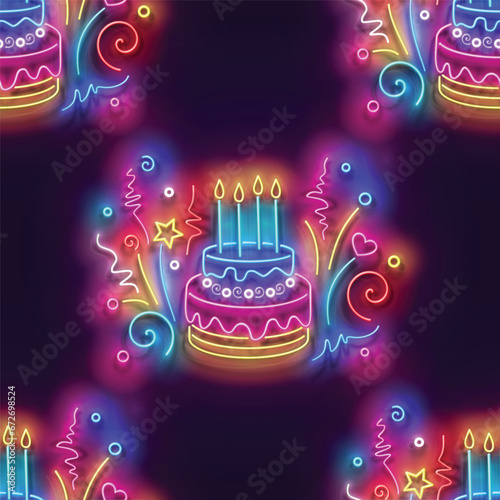 Seamless pattern with glow Holiday Cake with Candles and Confetti. Happy Birthday and Holiday Party Mood. Neon Light Texture, Signboard. Glossy Background. Vector 3d Illustration (ID: 672698524)