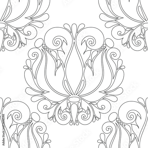 Floral Vintage Seamless Pattern in Paisley Style. Decorative Composition with Natural Motifs. Abstract Ornate Art. Vector Contour Illustration Coloring Book Page (ID: 672698544)