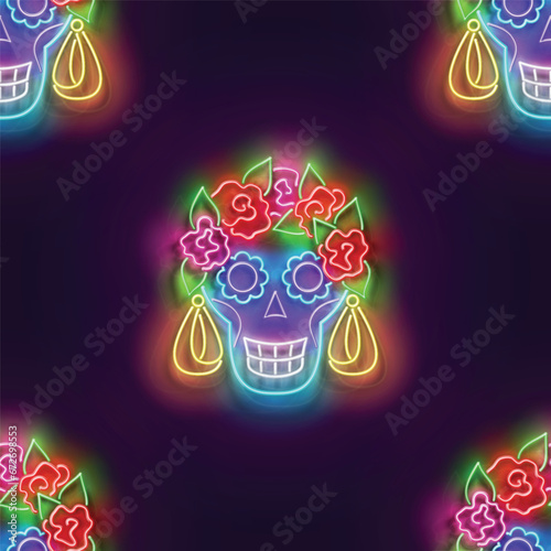 Seamless pattern with glow Sugar Skull, Catrina Calavera. Dia de Los Muertos, Day of the Dead. Neon Light Texture, Signboard. Glossy Background. Vector 3d Illustration (ID: 672698553)