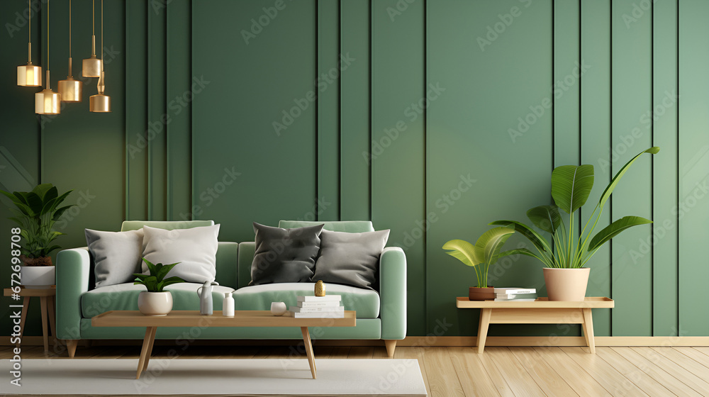 Fototapeta premium Minimalist Green Interior with Sofa, Table, and Wooden Flooring: 3D Rendering with Copy Space and Stylish Decor