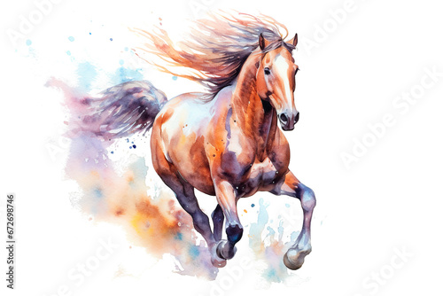 Watercolor painting of a horse galloping in the wind on a white background