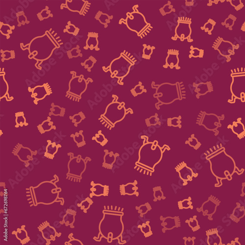 Brown line Witch cauldron icon isolated seamless pattern on red background. Happy Halloween party. Vector
