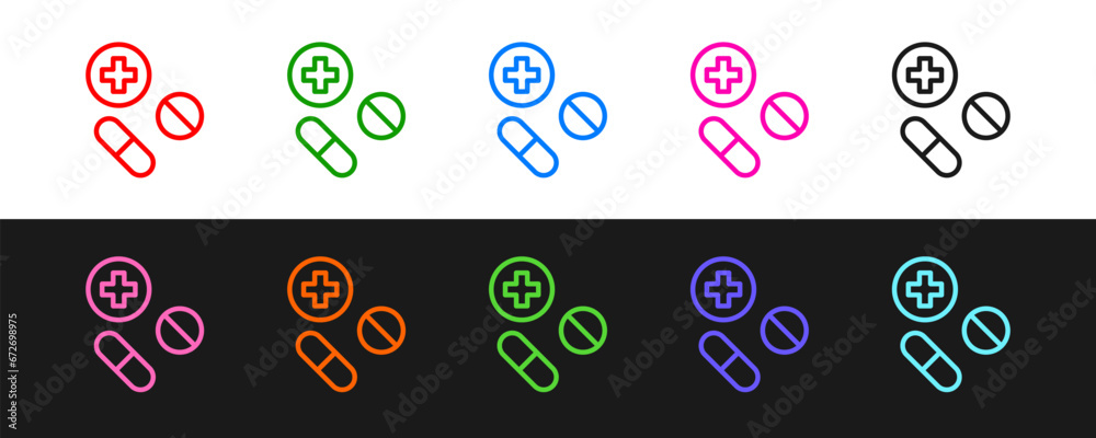 Set line Medicine pill or tablet icon isolated on black and white background. Capsule pill and drug sign. Pharmacy design. Vector Set line Medicine pill or tablet icon isolated on black and white background. Capsule pill and drug sign. Pharmacy design. Vector
