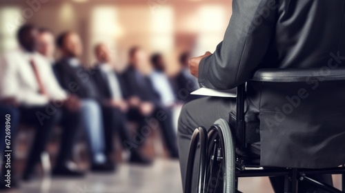 Disabled businessman in a wheelchair in office, The concept of a low-mobility category of people
