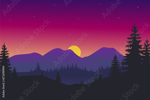 sunset landscape mountains and trees with purple and red color sky