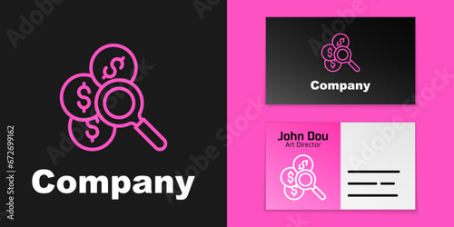 Pink line Search for money icon isolated on black background. Logo design template element. Vector