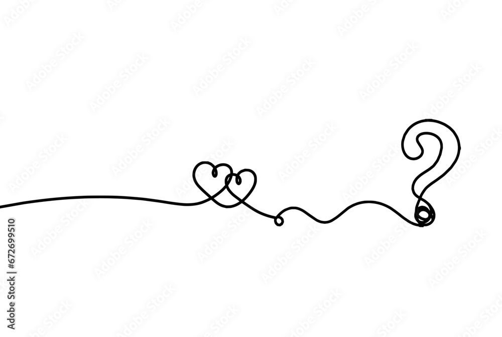 Abstract hearts with question mark as continuous line drawing on white background - obrazy, fototapety, plakaty 