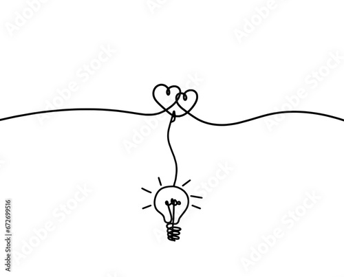 Abstract hearts with light bulb as continuous line drawing on white background. Vector