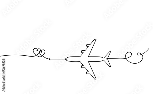Abstract hearts with plane as continuous line drawing on white background. Vector. Vector