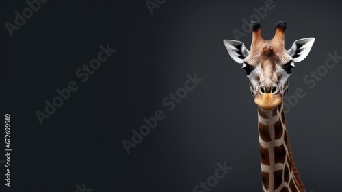 Giraffe on dark gray background. Wild animals banner with copy space. Generative AI