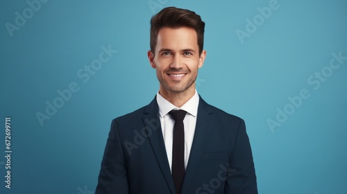 Generate a portrait of a smiling male professional manager dressed in formalwear, holding a laptop, and confidently looking at the camera while standing against a light blue background on a wall.