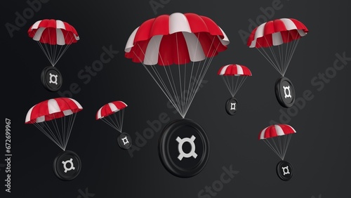 frax, Frax, airdrop coins falling for a cryptocurrency concept, many coins going parachute chute down falling bounty. white background. symbol and ticker icons. 4k 3D rendering photo