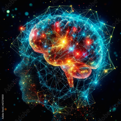 Depicting Human brain with stimulation in neuronal network or activity neural. Illustration of a Brain inside a head with neural Connections. Generative Ai