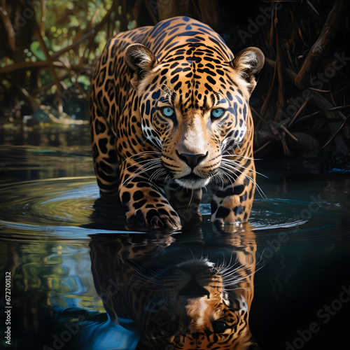 A jaguar drinking water in a river in the wilderness