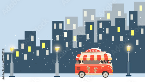 bus in the street. Coffee bus with lanterns on a winter landscape. Merry Christmas and New Year 2024