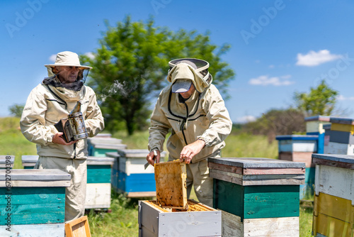 Beehive Inspection Reveals Beekeepers in Protective Suits. Two men in bee suits are inspecting a beehive