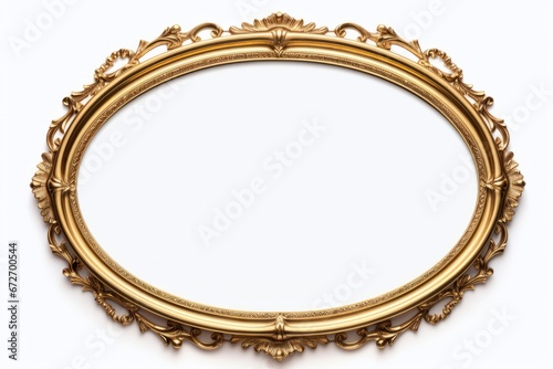 Oval gold frame on white background. Vintage retro style
