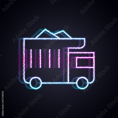 Glowing neon line Large industrial mining dump truck icon isolated on black background. Big car. Vector