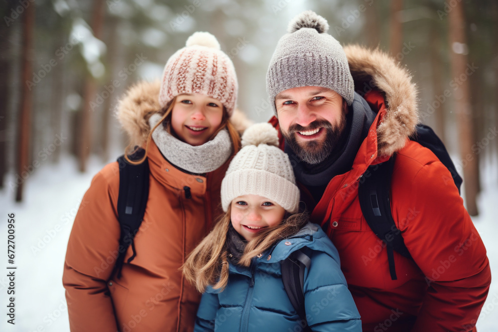 Portrait of Happy family in warm clothes smiling at camera while playing on fresh air in winter snowy forest