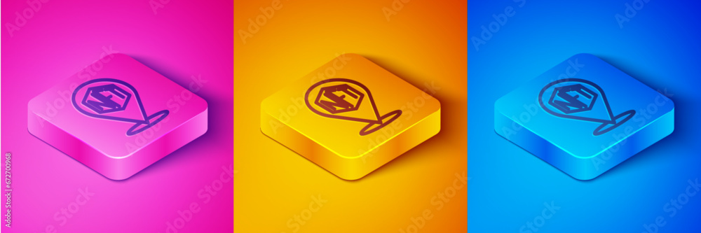 Isometric line NFT Digital crypto art icon isolated on pink and orange, blue background. Non fungible token. Square button. Vector - obrazy, fototapety, plakaty 