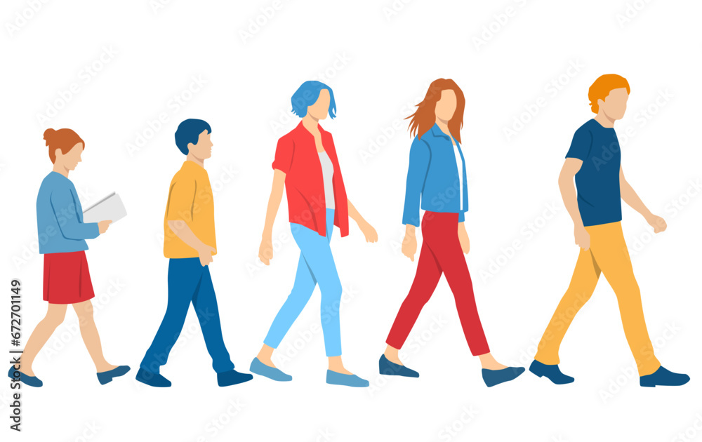  Set of man, women, boy and girl walk, profile, different colors, cartoon character, group of silhouettes of walking 
 people, design concept of flat icon, isolated on white background