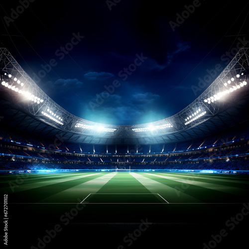 Football field with spotlight, green grass and night sky, Soccer stadium field, soccer background photo