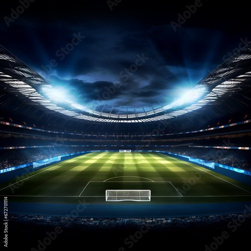 Football field with spotlight, green grass and night sky, Soccer stadium field, soccer background