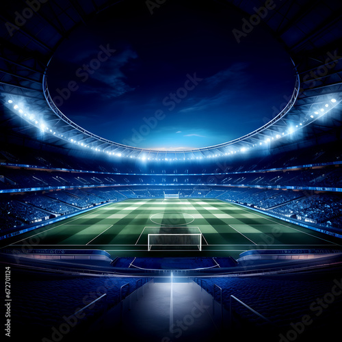 Football field with spotlight, green grass and night sky, Soccer stadium field, soccer background © Werayut