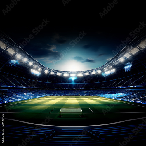 Football field with spotlight, green grass and night sky, Soccer stadium field, soccer background © Werayut