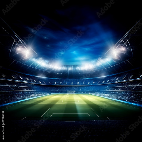 Football field with spotlight  green grass and night sky  Soccer stadium field  soccer background