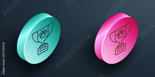Isometric line Pet award symbol icon isolated on black background. Medal with dog footprint as pets exhibition winner concept. Turquoise and pink circle button. Vector