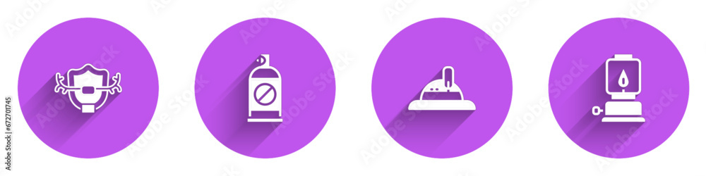 Set Deer antlers on shield, Spray against insects, Hunter hat and Camping lantern icon with long shadow. Vector Set Deer antlers on shield, Spray against insects, Hunter hat and Camping lantern icon with long shadow. Vector
