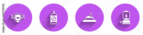 Set Deer antlers on shield, Spray against insects, Hunter hat and Camping lantern icon with long shadow. Vector