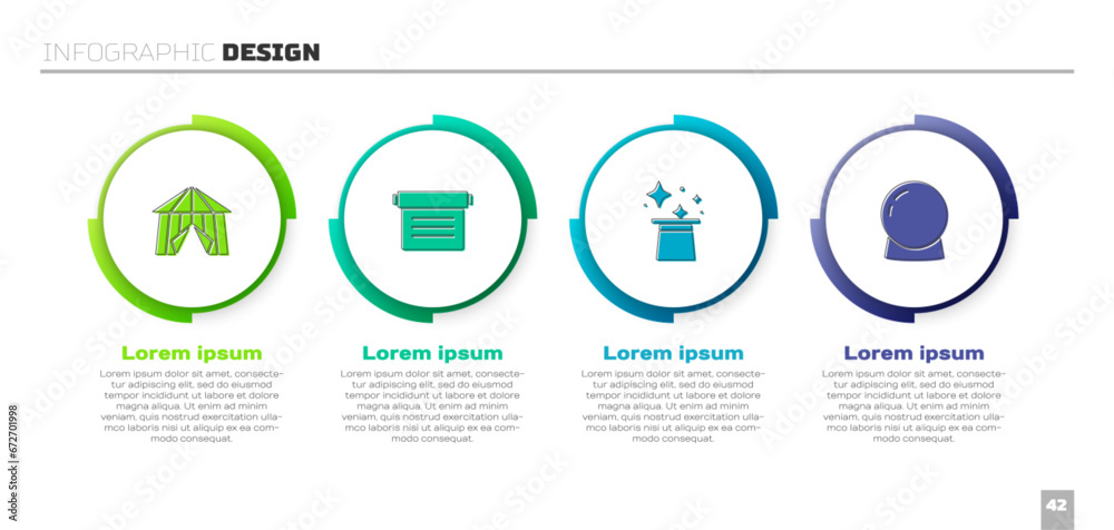 Set Circus tent, Ancient magic book, Magic hat and ball. Business infographic template. Vector Set Circus tent, Ancient magic book, Magic hat and ball. Business infographic template. Vector