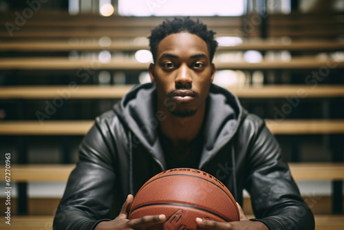 Portrait of male basketball player sitting on bench in court while holding ball © alisaaa