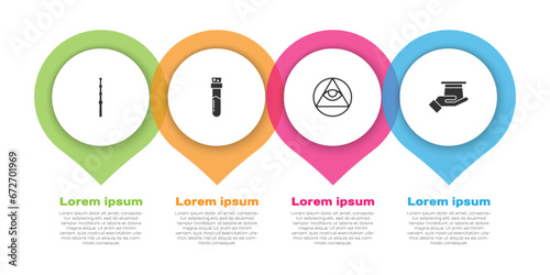 Set Magic wand, Bottle with potion, Masons and Magician hat in hand. Business infographic template. Vector