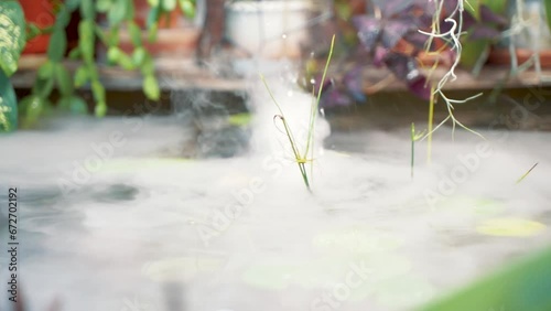 fountain with fog over water