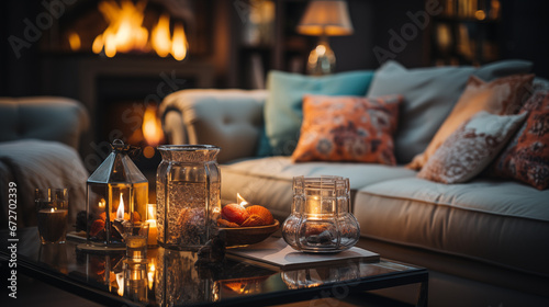 Close up detail decoration interior design house country side living room with fireplace natural material and luxury furniture warm and cozy mood and tone interior house design showcase background.