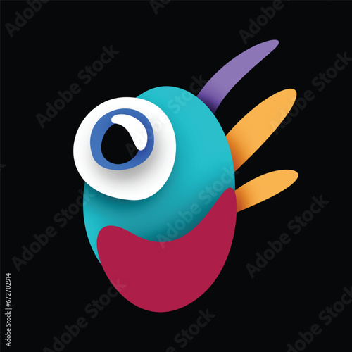 Psyhodelical Print with One-eye Monster with Scary Smile. Surreal Design on Black. Pop Art Cartoon Style with Stains. Single Design Element. Vector 3d Illustration (ID: 672702914)