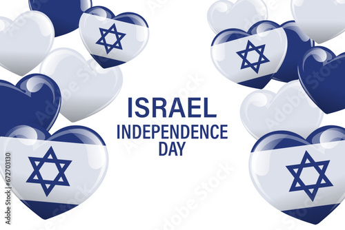 Independence Day Israel. Banner with blue and white balloons hearts, Israeli flags. Illustration, vector
