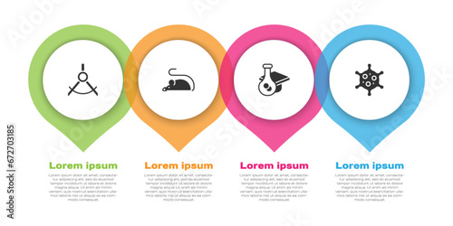 Set Drawing compass, Experimental mouse, Graduation cap and Virus. Business infographic template. Vector